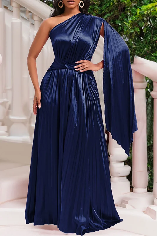 Women's Party Clothes Sale Event, Prices Rock Solid Color One Shoulder Luxe Pleated Maxi Dress