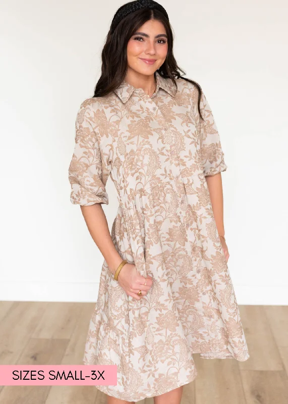 Women's Evening Clothing Runway Inspired Wear Railee Taupe Floral Button Down Dress