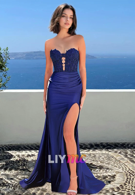 Women's Trendy Casual Outfit Absurdly Cheap Sale Sweetheart Sleeveless Appliques Pleated Side Slit Sheath Prom Dress