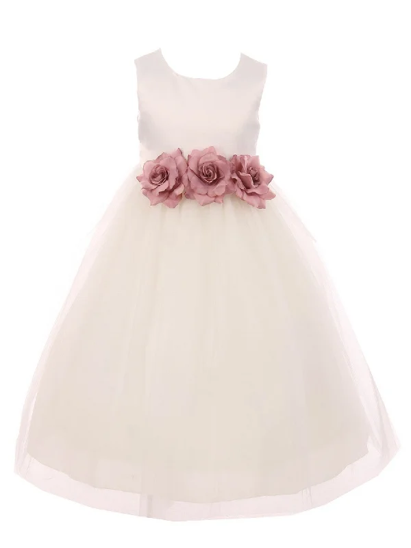 Women's Outfit Chic Style Little Girls Ivory Mauve Floral Satin Flower Girl Dress 2-6