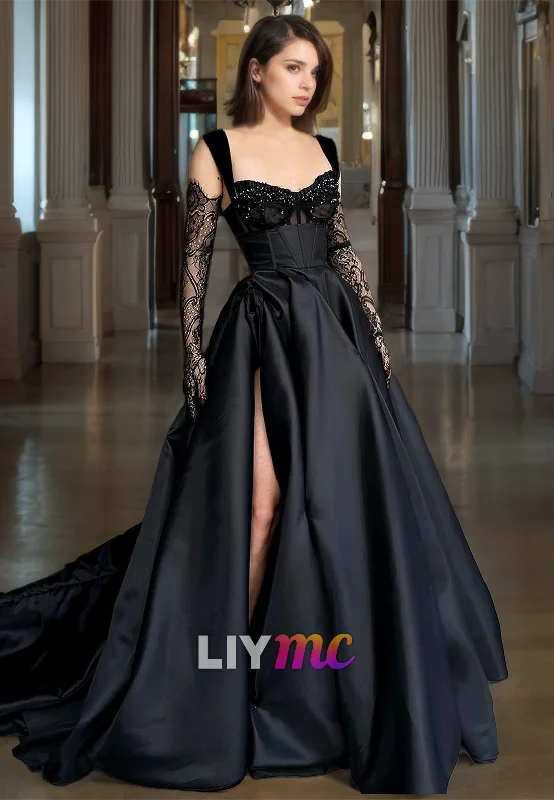 Women's Clothes Innovate Your Wardrobe LP314 - A-Line V-Neck Beaded Lace Satin Long Prom Evening Dress