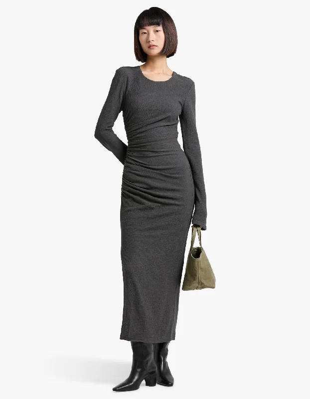 Women's Vintage Garments Chic Wardrobe Essentials Beau Gathered Long Sleeve Midi Dress - Dark Ash