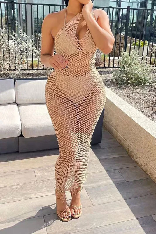 Women's Everyday Clothes Comfort First Women's Wear Solid Color Casual Fishnet See-Through Maxi Dress Beachwear