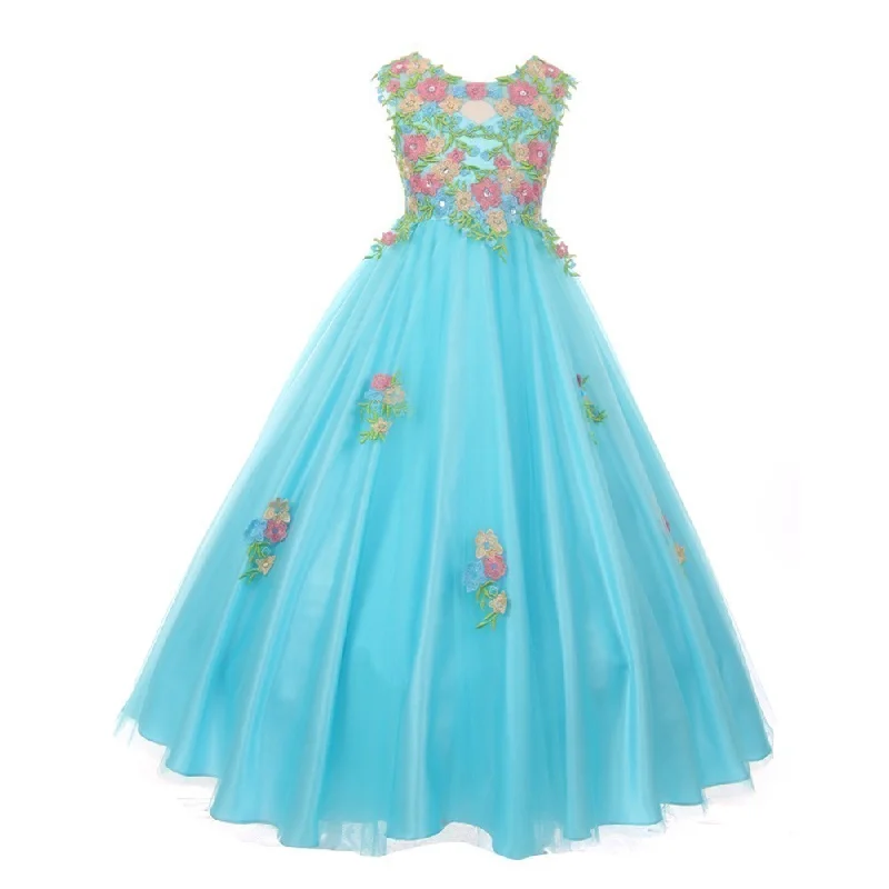 Women's Relaxed Outfit Latest Fashion Little Girls Aqua Pink Floral Embroidered Lace Tulle Flower Girl Dress 4-6