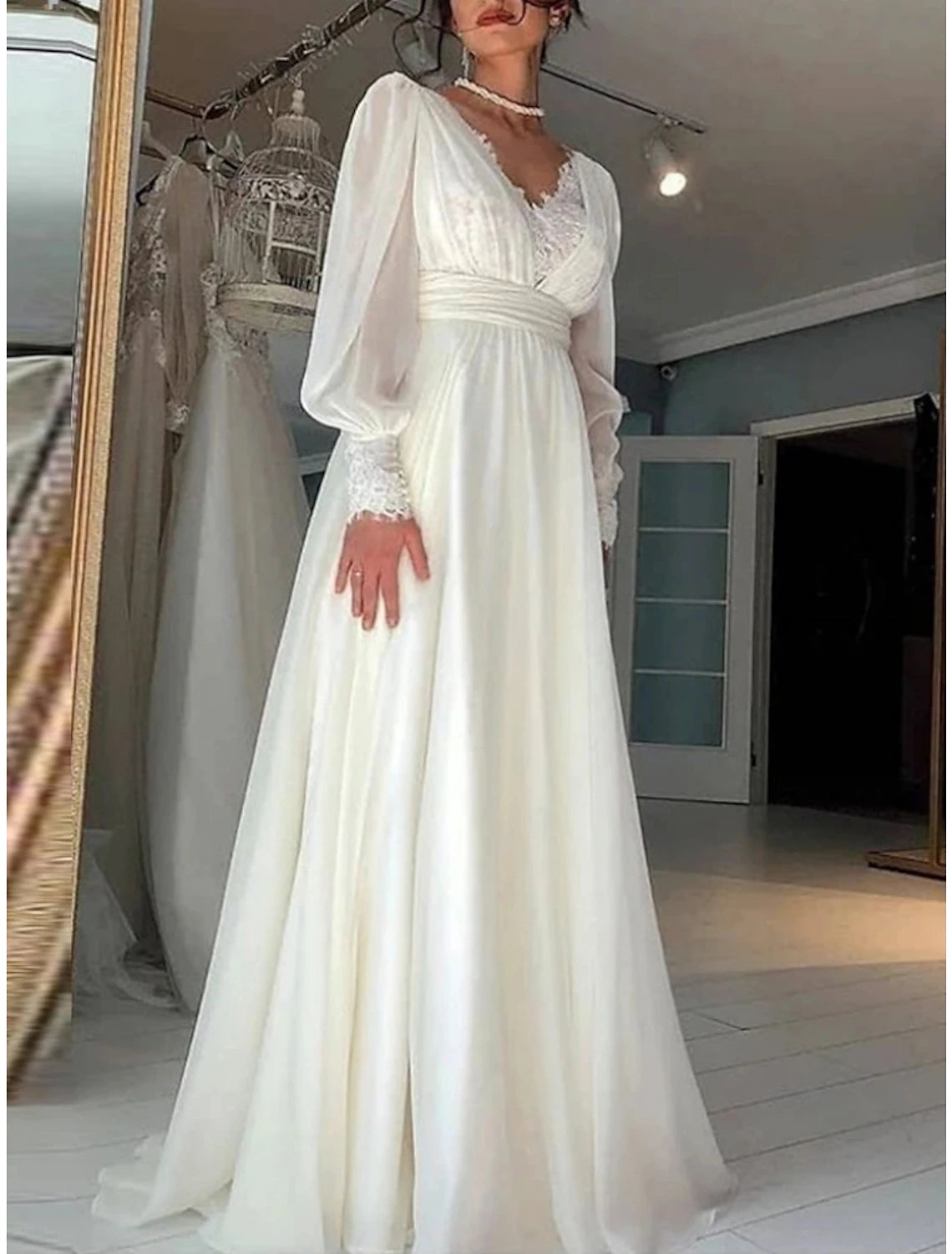 Women's Clothing For Casual Outings Additional Time-Limited Offers Little White Dresses Wedding Dresses A-Line V Neck Long Sleeve Sweep / Brush Train Chiffon Bridal Gowns With Pleats Solid Color