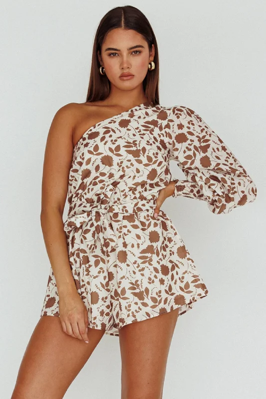 Women's Everyday Garments New Styles Just In Summer Lover One-Shoulder Romper Floral Brown