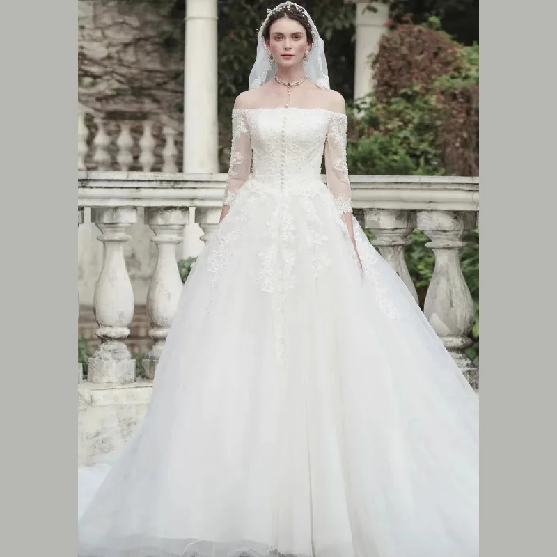 Casual Clothing For Women Summer Deals 3/4 Sleeve A-Line Tulle Wedding Dresses with Straight Neckline