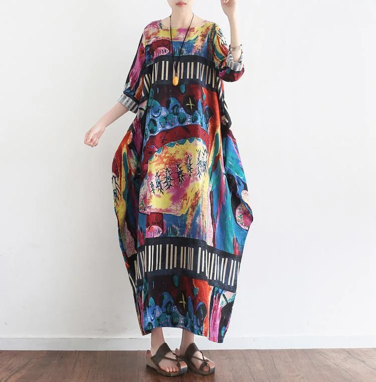 Fashionable Women's Clothes Holiday Glam The secret world print linen dresses oversize caftans 2024 fall cotton gown