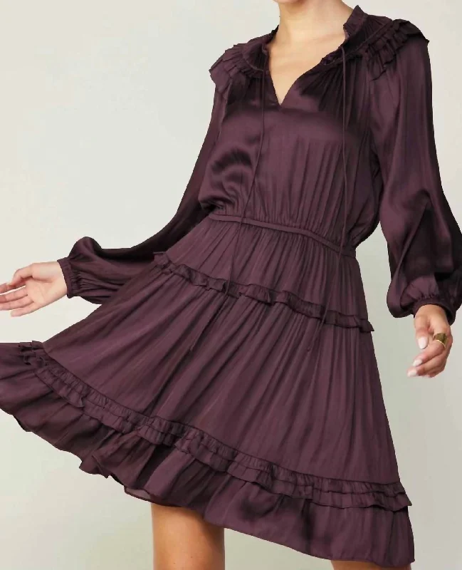 Women's Everyday Attire Athleisure Wear Promotion Long Sleeve Split Neck Tiered Mini Dress In Midnight Plum