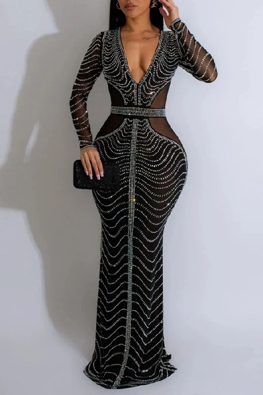 Women's Luxury Garments Trending Items Rhinestone Party Deep V Neck Maxi Dress