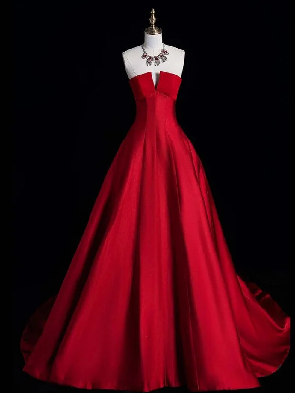 Women's Trendy Outfit Trendy Women’S Wear Red Simple Satin Long Party Dress Evening Dress, Red Satin Formal Dress       S6295