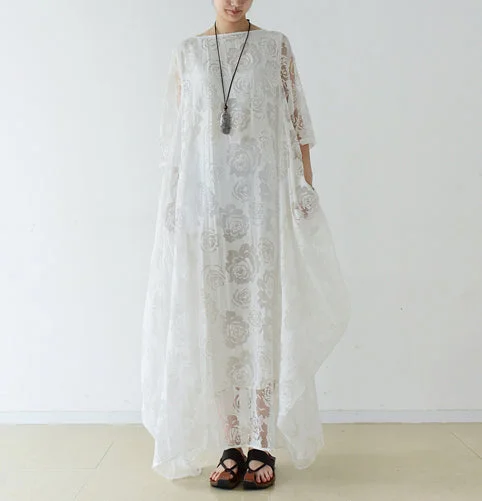 Women's Resort Apparel Runway Inspired Wear White roses chiffon maxi dresses long tulle caftans oversize gown