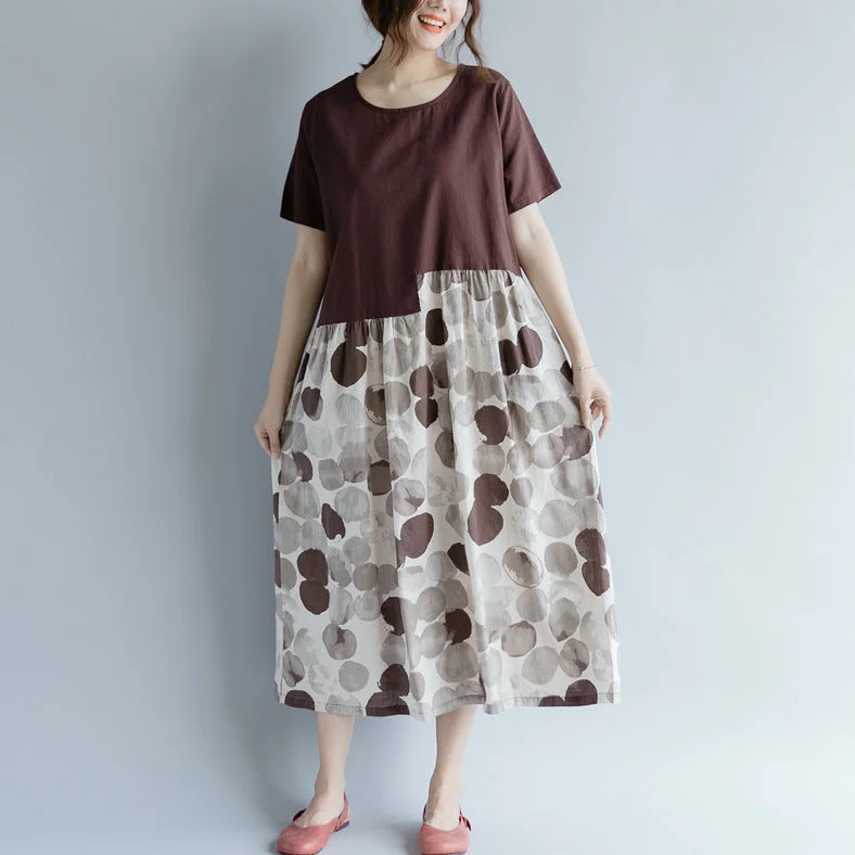 Women's Transitional Apparel Comfort First Women's Fashion fine chocolate cotton linen dresses oversize short sleeve print patchwork cotton linen gown vintage o neck gown