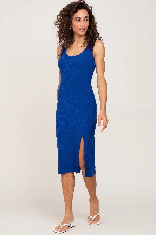 Women's Outerwear Attire Style Beyond Borders Royal Blue Ribbed Back Cutout Midi Dress