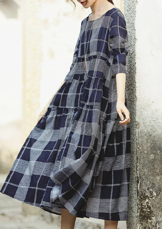 Women's Clothes And Apparel Sets Trendy Urban Attire fine blue plaid grid chiffon caftans Loose fitting o neck baggy dresses gown women half sleeve pockets dresses