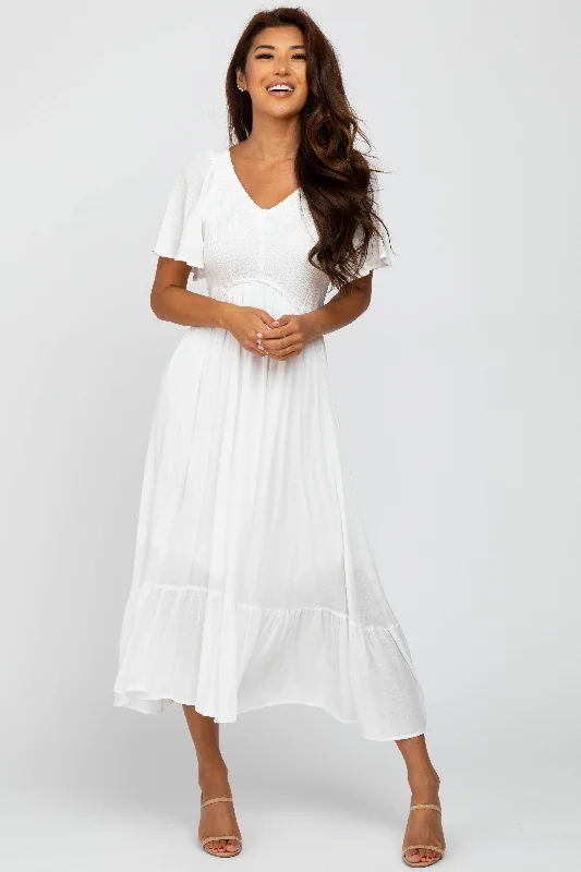 Women's Trendy Attire Trend Setting Wardrobe Ivory Smocked V-Neck Midi Dress