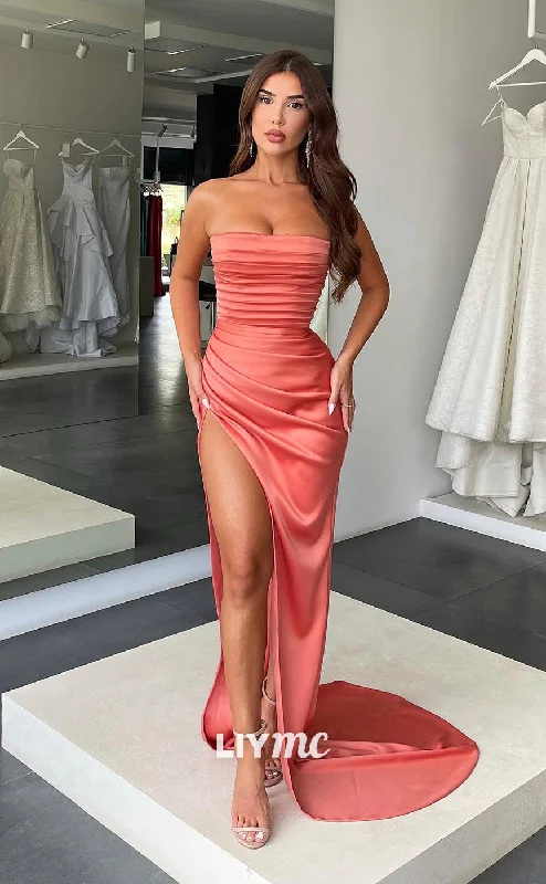 Women's Chic Apparel Unleash Your Fashion LP302 - Simple Strapless Ruched Satin Sheath Party Evening Dress With Slit