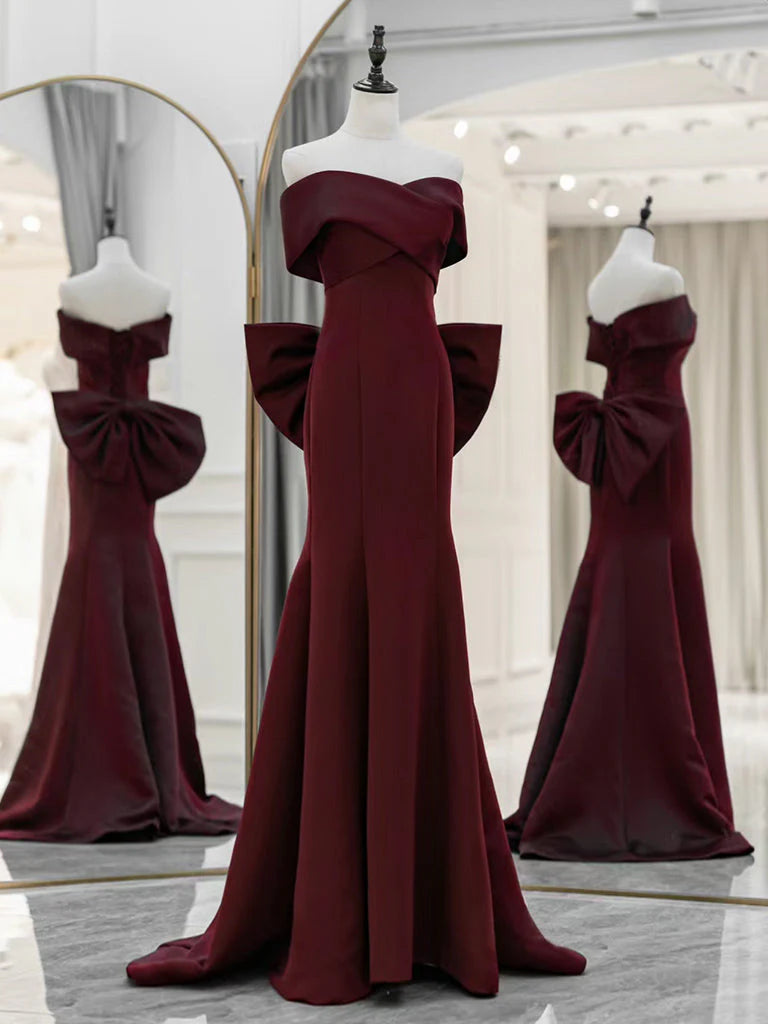 Women's Wardrobe Apparel Trend Forward Women's Wear Amzcw Simple Off Shoulder Satin Burgundy Long Prom Dresses Mermaid Long Evening Dress prom dresses shops