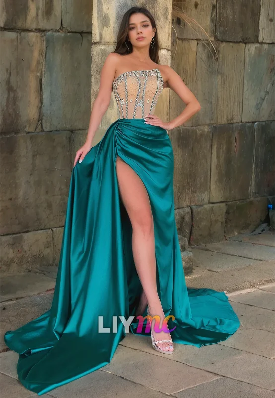 Women's Everyday Clothes Elegant Style LP706 - Sheath/Column Strapless Beaded Satin Long Prom Evening Dress With Slit