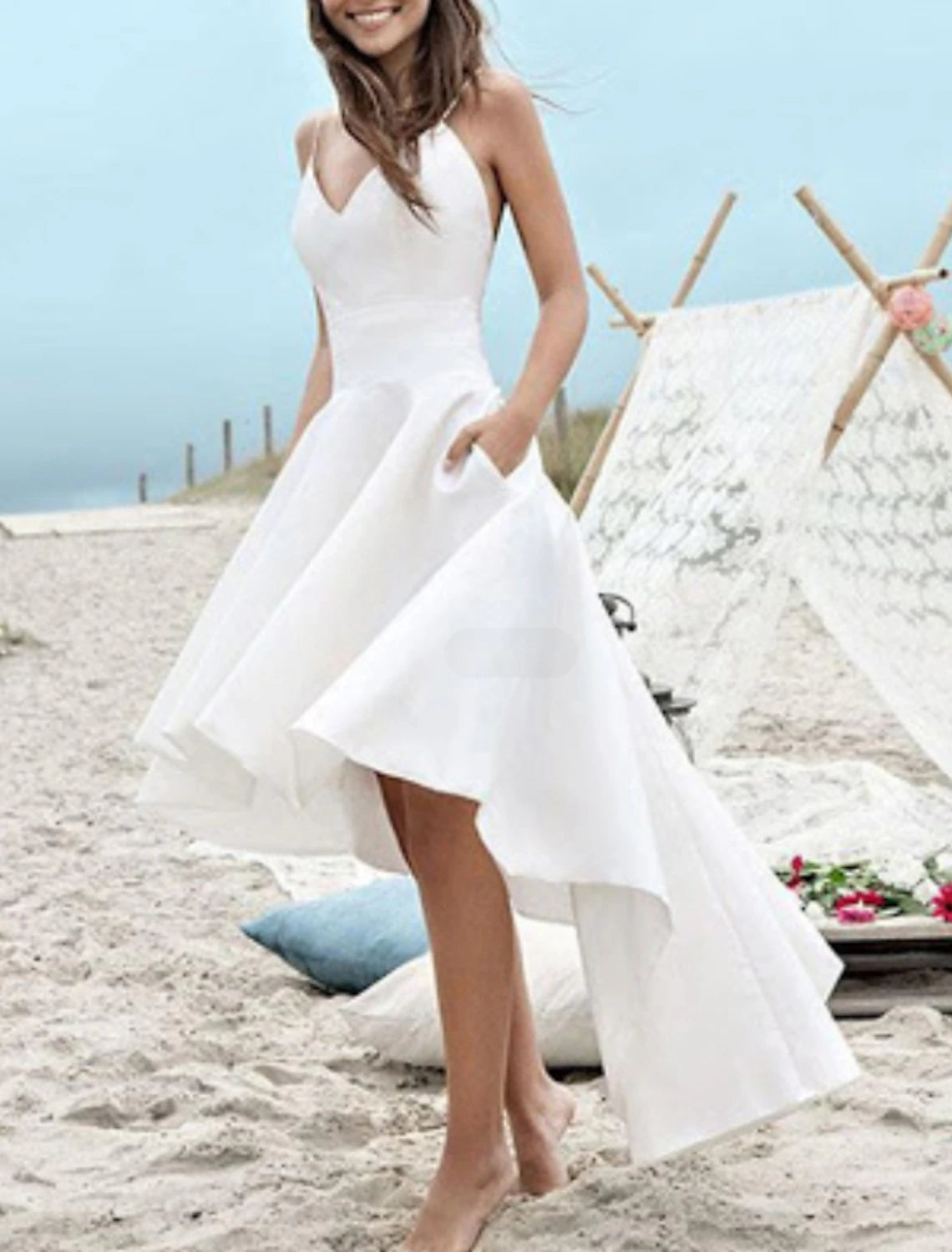 Women's Athletic Apparel Evening Looks Beach Little White Dresses Wedding Dresses A-Line Camisole V Neck Spaghetti Strap Asymmetrical Satin Bridal Gowns With Pleats