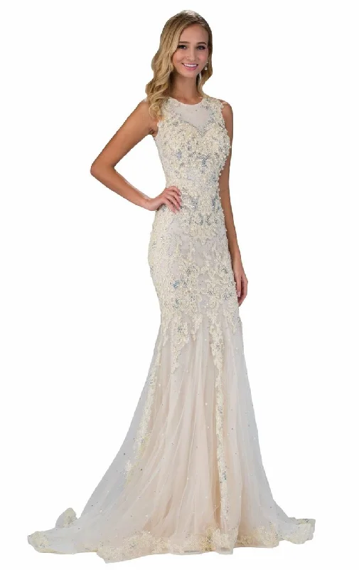 Women's Holiday Outfit Trendy Street Style Attire Elizabeth K Bridal - GL1344 Bead and Pearl Embellished Jewel Neckline Jersey Gown