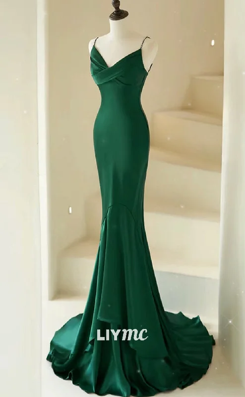 Women's Comfy Loungewear Outfit Chic Sophistication LP1898 - Mermaid V Neck Satin Green Long Prom Dress, Green Satin Long Formal Dress