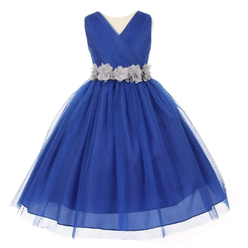 Women's High-Fashion Garments Top Deals Little Girls Royal Blue Silver Chiffon Floral Sash Tulle Flower Girl Dress 2