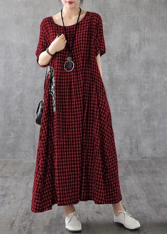 Affordable Women's Clothing Fashion-Forward Red Plaid Linen Dresses Summer Long Cotton Dress Maxi Gown