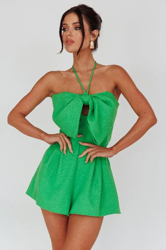 Women's Transitional Apparel Step Ahead, Lead The Trend Tink Bow Bust Romper Kelly Green