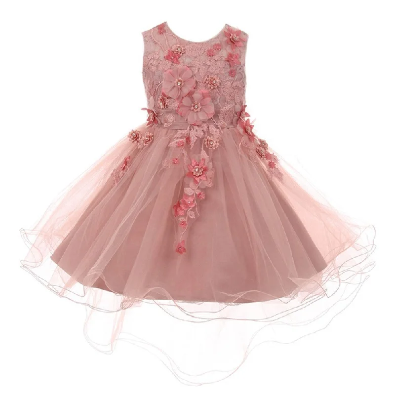 Women's Formal Event Attire Vintage Look Little Girls Dusty Rose 3D Floral Appliques Hi-Low Tulle Flower Girl Dress 2-6