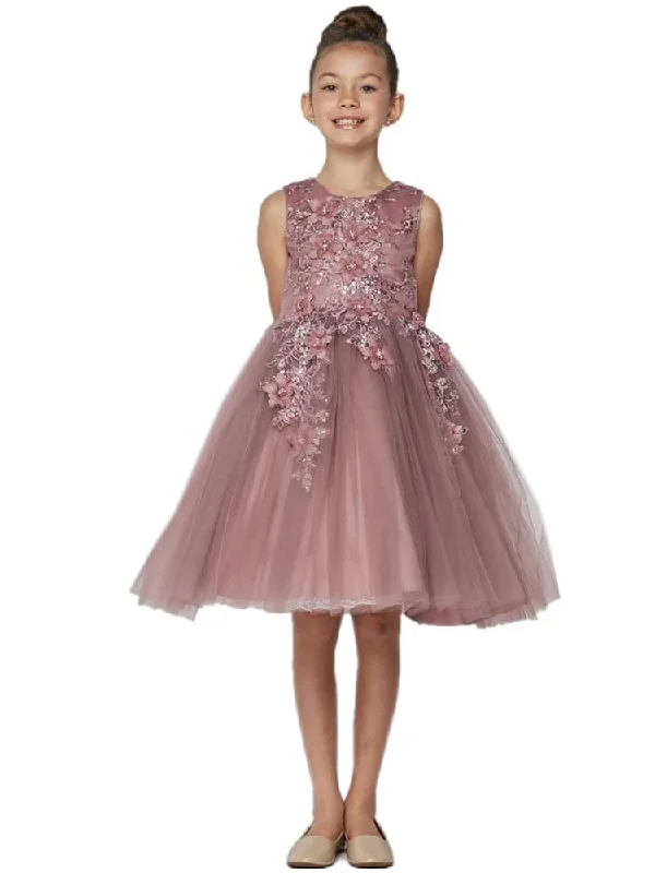 Charming Women's Garments Fashion Sale Girls Mauve 3D Floral Appliques Soft Tulle Easter Flower Girl Dress 2-12