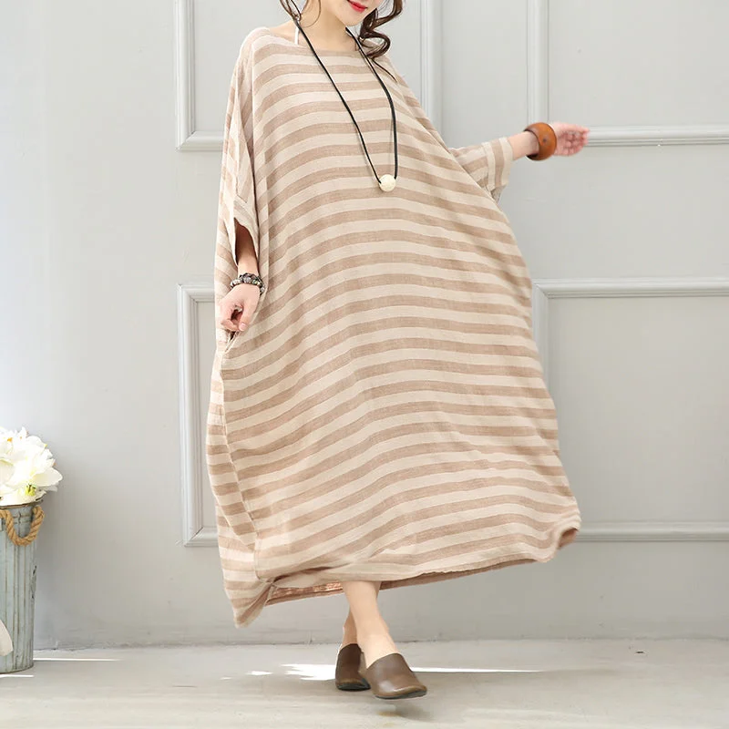 Affordable Trendy Clothes For Women Unbeatable Prices boutique khaki striped linen maxi dress plus size o neck linen gown women batwing sleeve gown