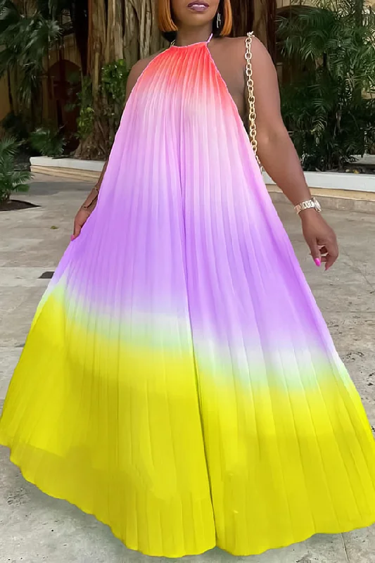 Stylish Women's Clothing Versatile Style Wardrobe Gradient Colorful Pleated Halter Collar Backless Maxi Dress