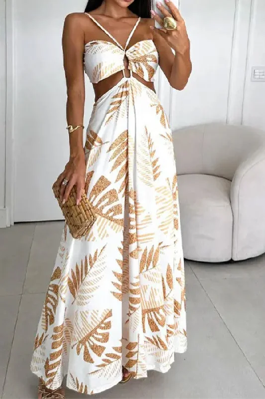 Women's Work Outfit Effortless Style, Endless Impact Leaf Print Tropical Strappy Cutout Maxi Dress