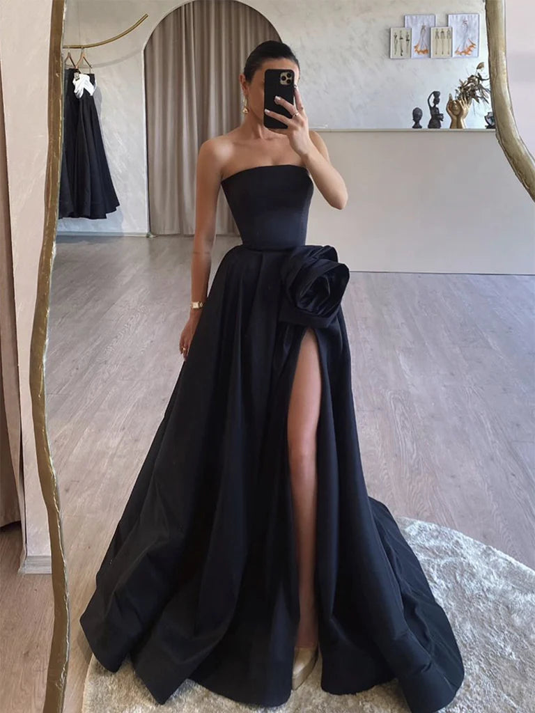 Women's Contemporary Apparel Break Fashion Norms Amzcw A-Line Satin Black Long Prom Dress Black Long Formal Dress prom dress in store ﻿