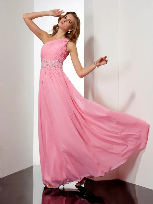 Affordable Trendy Clothes For Women Luxury Fashion A-Line/Princess One-Shoulder Sleeveless Beading Long Chiffon Dresses