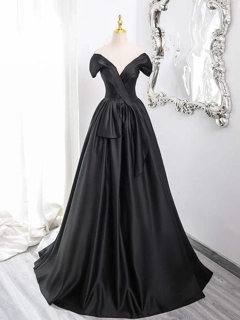 Women's Sporty Clothes Versatile Wardrobe Essentials Amzcw A-Line V Neck Off Shoulder Satin Black Long Prom Dress Black Long Formal Dress prom dress in store