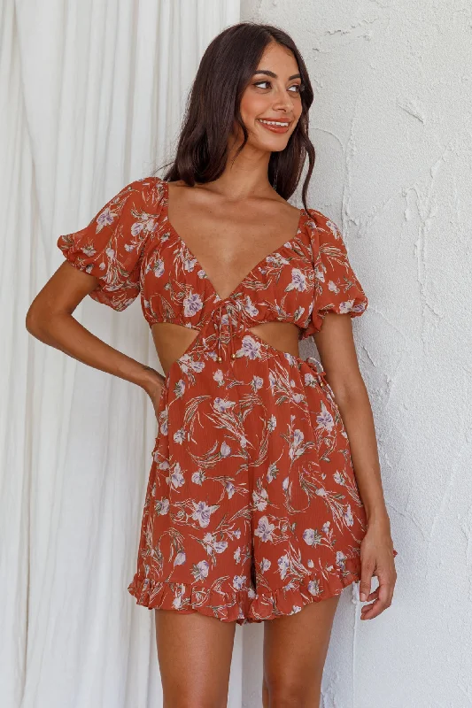 Women's Wedding Apparel Huge Discounts This Week Fancy Free Cut-Out Waist Romper Floral Rose