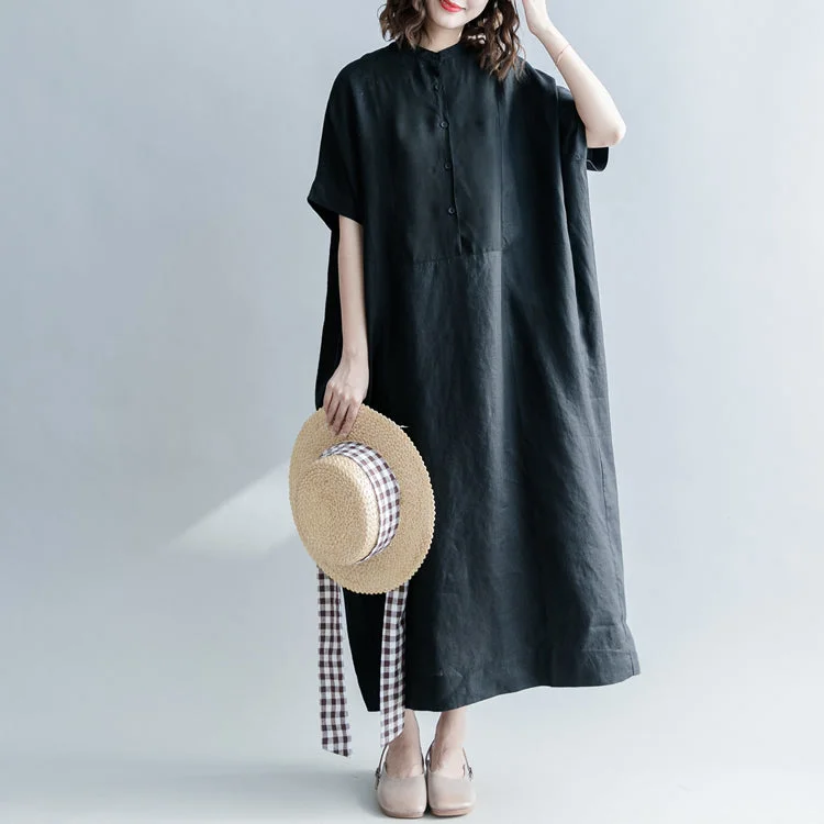 Women's Plus-Size Apparel Break Fashion Norms Fine black silk linen dresses oversize Stand baggy dresses caftans casual short sleeve patchwork gown