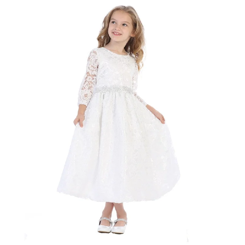 Women's Workout Garments Shop Our Looks Girls White Silver Corded Floral Trim Lace Flower Girl Communion Dress 5-12