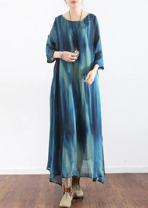 Vintage-Inspired Women's Apparel Unleash Your Trendy Side the sea blue print silk dresses plus size causal long silk caftans oversize gowns bracelet sleeves