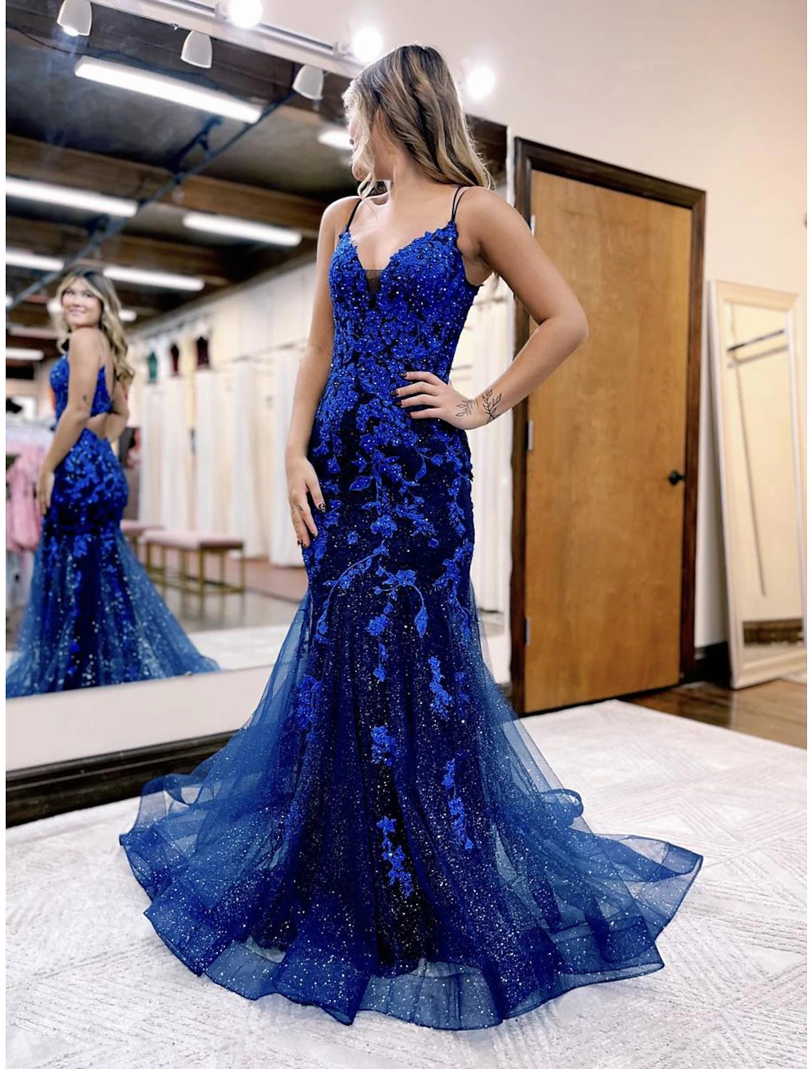 Women's Clothes And Garments Unleash Your Trendy Side Mermaid / Trumpet Prom Dresses Sparkle & Shine Dress Formal Court Train Sleeveless V Neck Tulle Backless with Glitter Beading Appliques