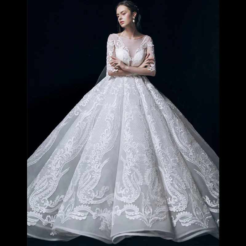 Women's Fashionable Attire For Work End-Of-Season Clearance Royal Train Sheer Wedding Dress Bride Half Sleeve Ball Gown