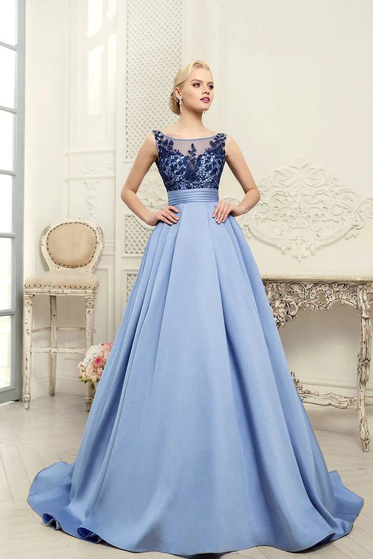 Women's Outerwear Garments Tropical Island - Inspired Attire Scoop Blue A-Line Appliques Satin Backless Sleeveless Quinceanera Dress Prom Dresses