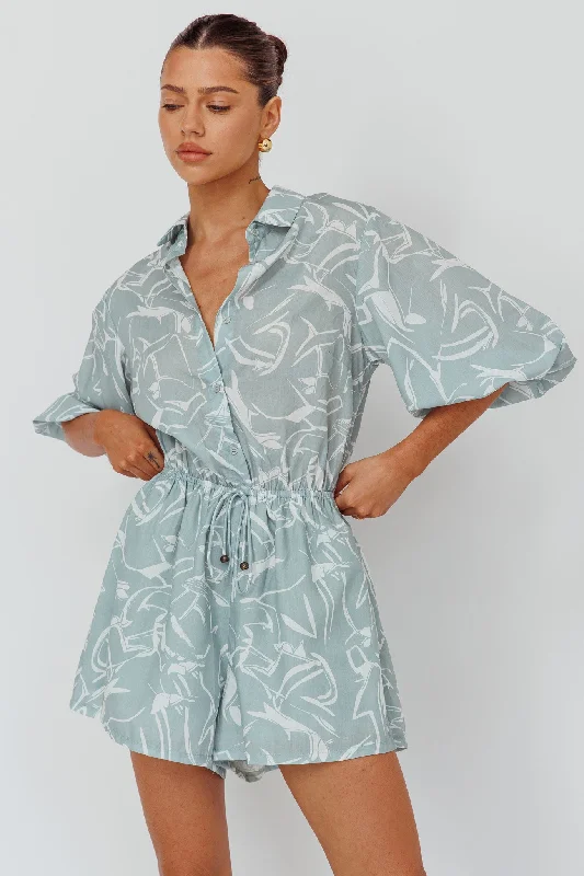 Affordable Women's Garments Season Transition Versatile Wear Clearance Tiki Puff Sleeve Drawstring Romper Print Sage