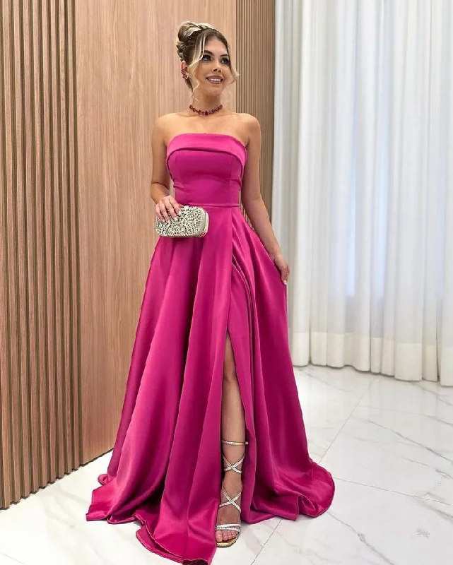 Women's Vacation Outfit Women’S Urban Fashion Elegant Long Fuchsia Satin Prom Dresses With Pockets A-Line Strapless Floor Length Lace Up Back Sweep Train Evening Party Gowns      S6287