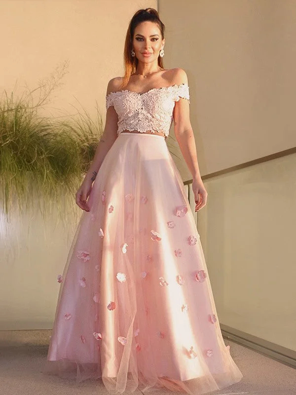 Women's Resort Apparel Style Upgrade A-Line/Princess Tulle Hand-Made Flower Off-the-Shoulder Sleeveless Floor-Length Two Piece Dresses