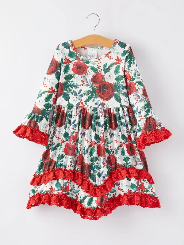 Vintage-Inspired Women's Apparel Crazy Discounts, Hurry Up Girls Christmas Floral Print Long Sleeve Dress