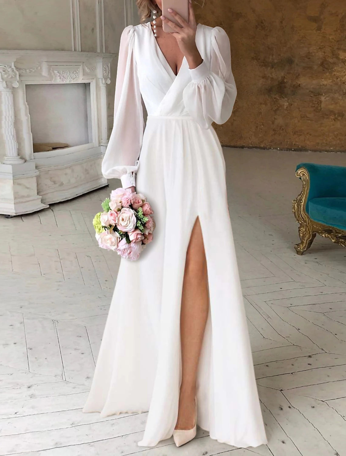 Women's Everyday Clothes Big Discounts Reception Little White Dresses Simple Wedding Dresses A-Line V Neck Long Sleeve Floor Length Chiffon Bridal Gowns With Ruched