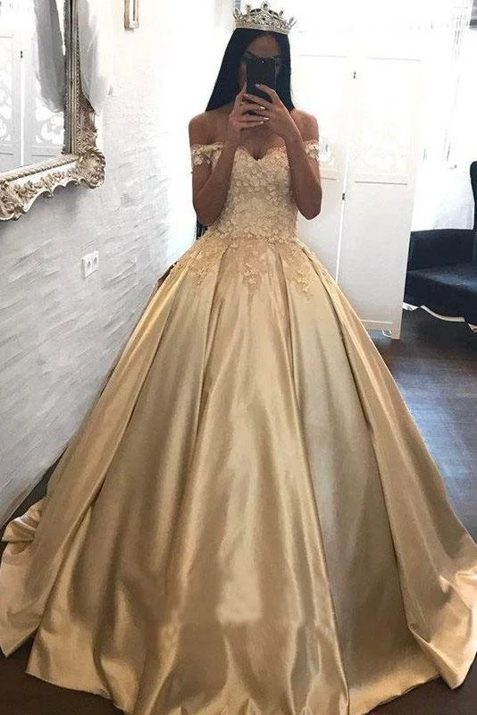 Women's Evening Garments Flash Sale Ball Gown Champagne Gold Satin Quinceanera Dresses Appliques Lace Prom Dresses